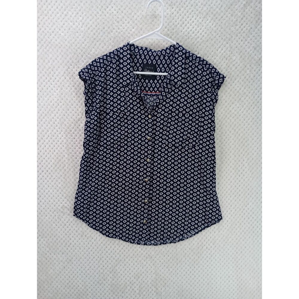 JACHS Girlfriend Women's Large Blue Button Up Geometric Short Sleeve Shirt